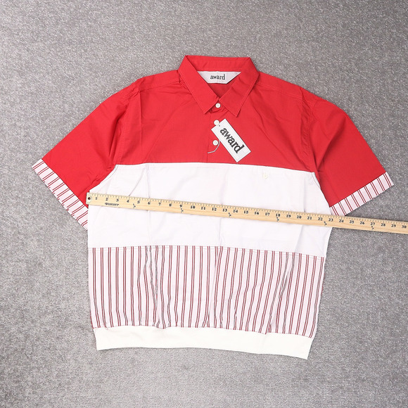 VTG 80s 90s Award Deadstock Large Red White Striped Short Sleeve Collared Shirt - Picture 4 of 10